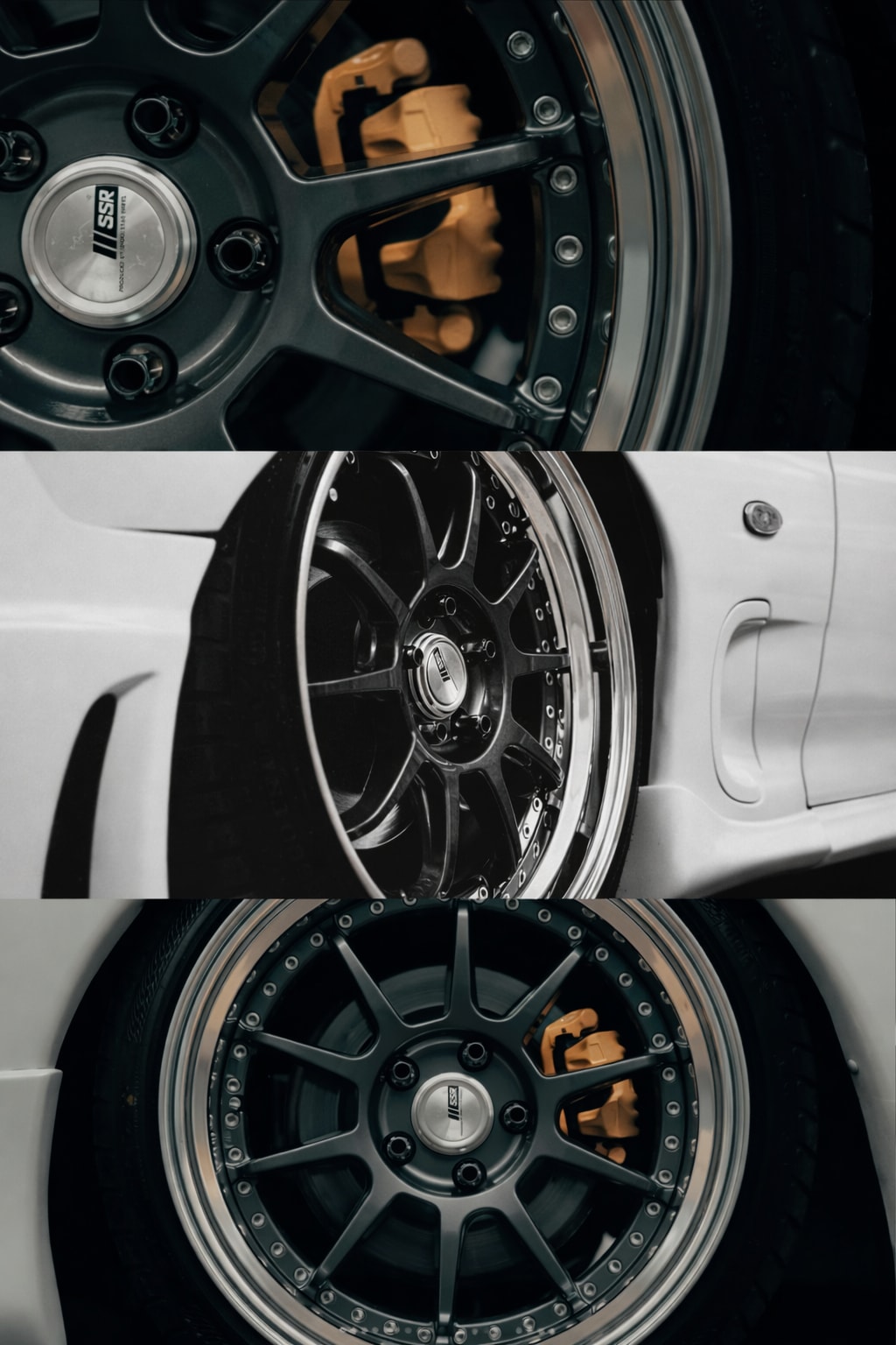 Close detail study of the RX-7 wheel hardware and gold brake caliper
